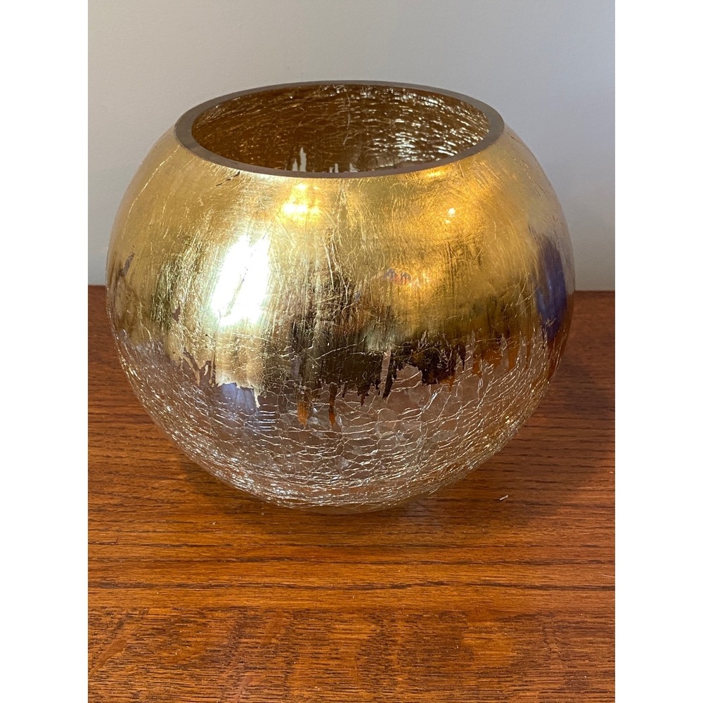 Gold Leaf Crackle Glass Bowl Spherical Metallic Decorative Centerpiece Vase